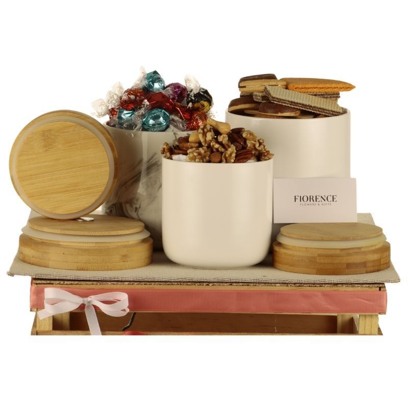 Gift for a Her with Ceramic Containers and Gourmet Snacks