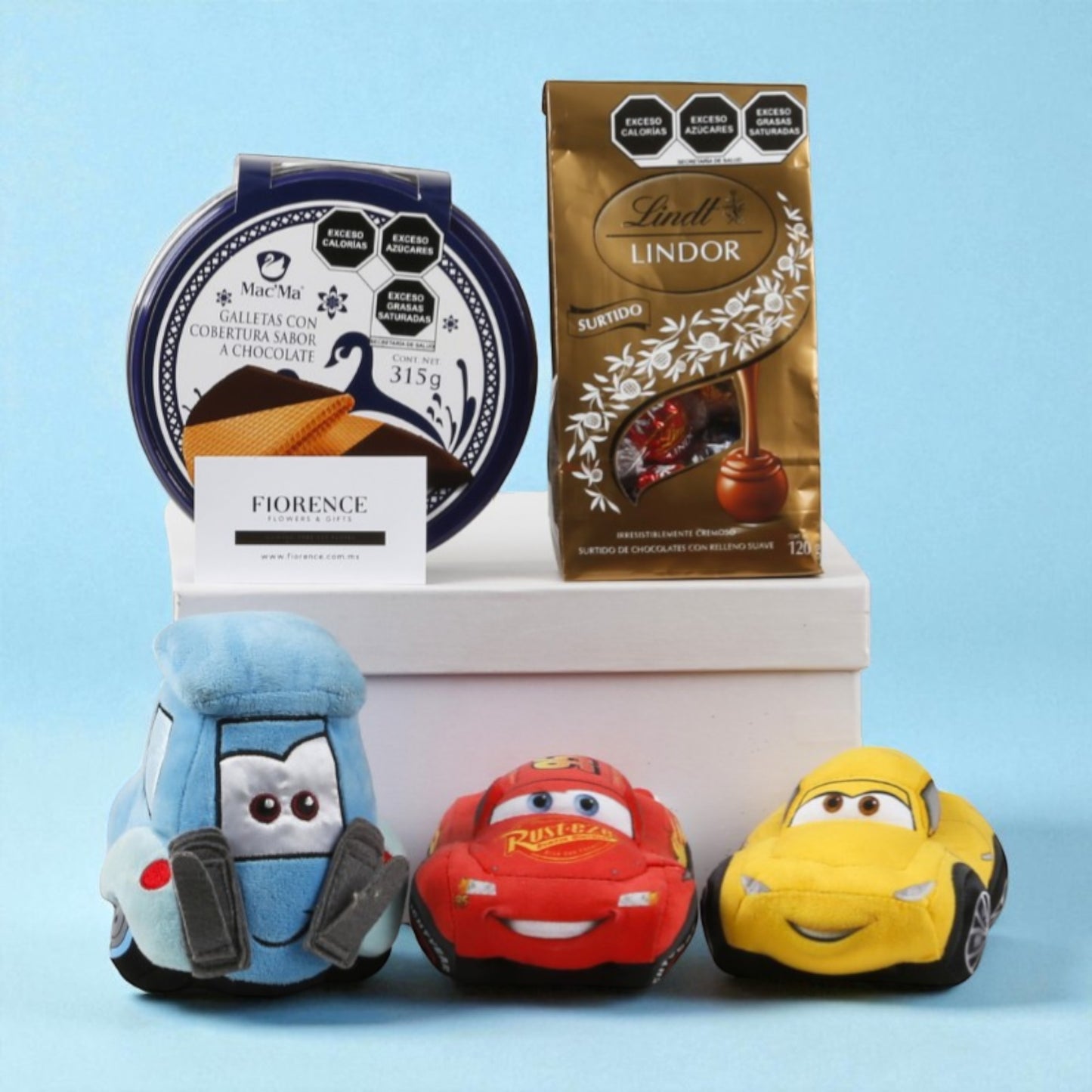 Cars plushies with chocolates and cookies