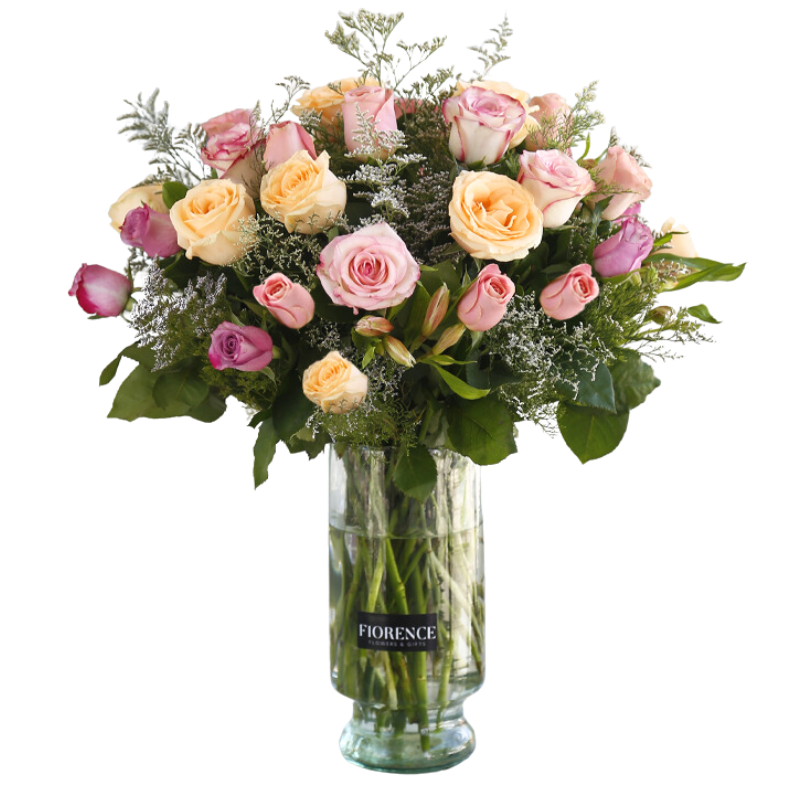 Two Dozen Pink Roses in Vase - Arrangement with 24 Roses