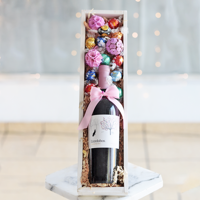 Gift for Mom with Red Wine and Chocolates