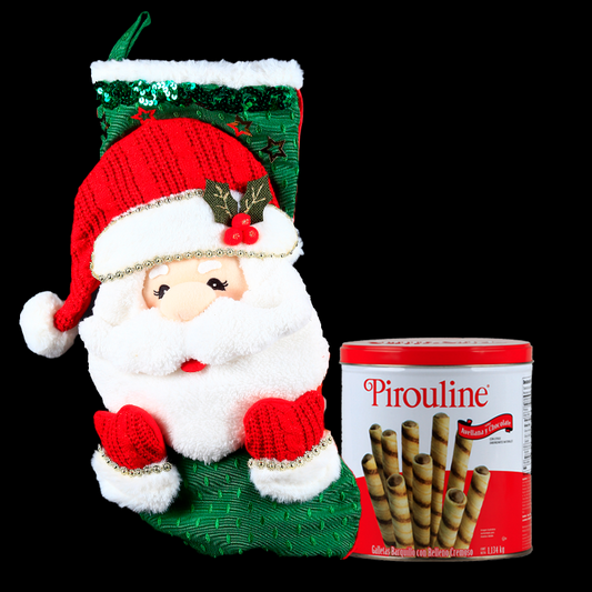 Beautiful Christmas Stocking with Santa Claus and Chocolate Rolled Wafer Sticks - Giftbaskets México