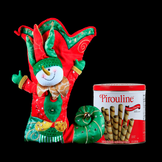 Colorful Christmas Stocking with a Cheerful Snowman Dressed as an Elf and Gourmet Cookies - Giftbaskets México