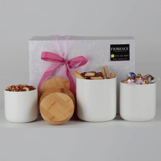 Gift for a Her with Ceramic Containers and Gourmet Snacks