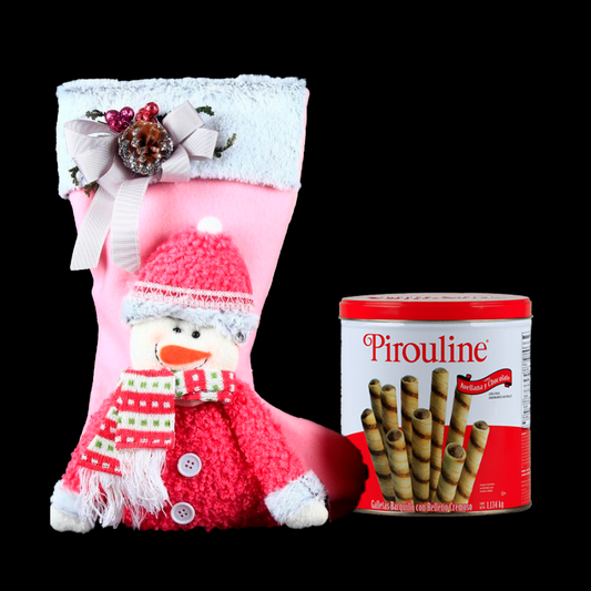 Lovely Pink Christmas stocking with a snowman and decorative bow accompanied by gourmet cookies. - Giftbaskets México