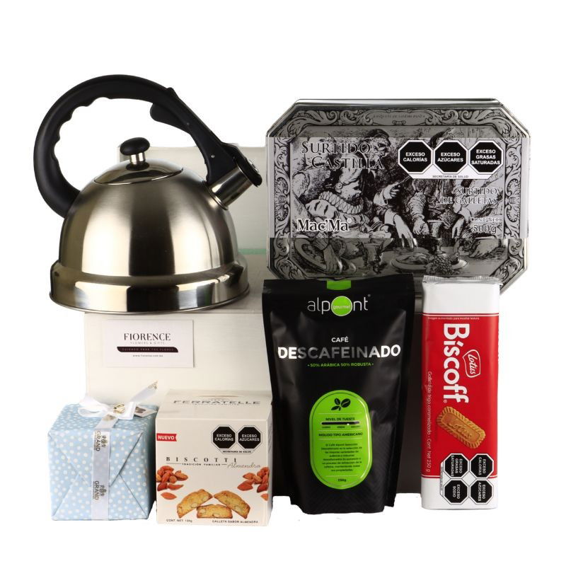 Mr. Coffee Stainless Steel Tea Kettle with cookies and Coffee - Giftbaskets México