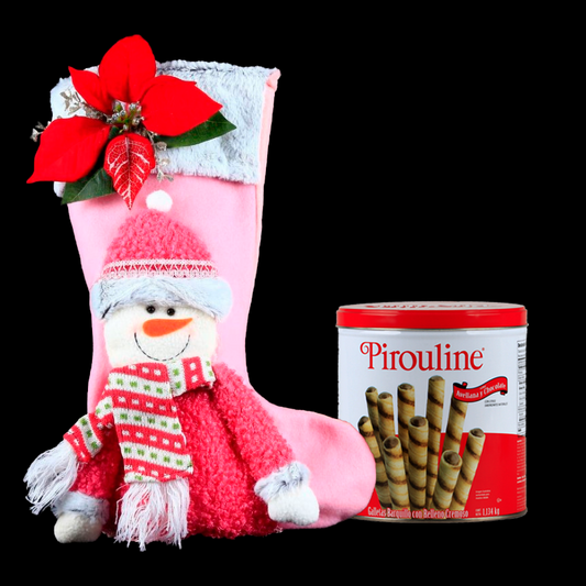 Pink Christmas stocking decorated with a Poinsettia and a snowman, accompanied by delicious gourmet cookies. - Giftbaskets México