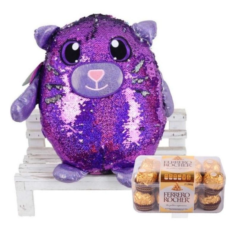 Plush Cat Toy with Reversible Sequins and Chocolates - Giftbaskets México