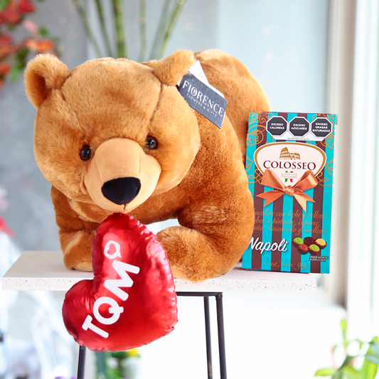 Teddy Bear with Chocolates and heart shaped cushion - Giftbaskets México