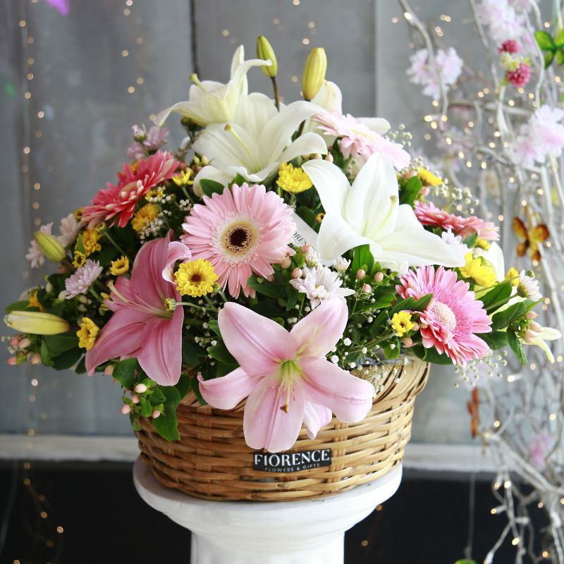 "Spring Melody" Floral Basket: Lilies, Gerberas & Daisies