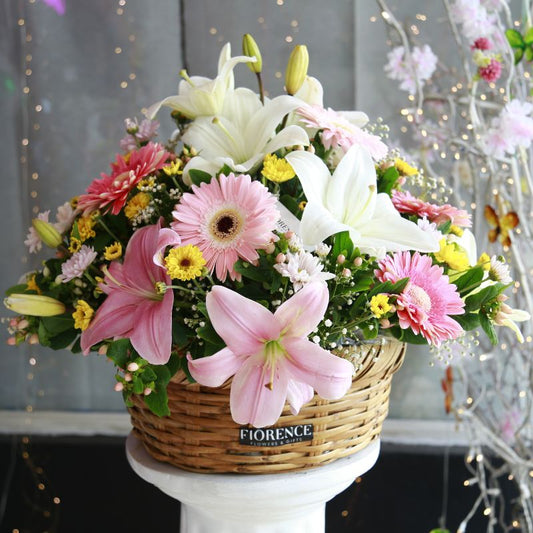 "Spring Melody" Floral Basket: Lilies, Gerberas & Daisies
