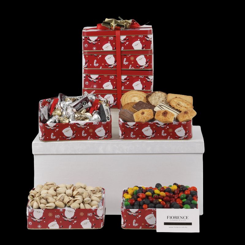 Santa Claus and Friends  Gift Tower with Cookies, Chocolates and Pistachios