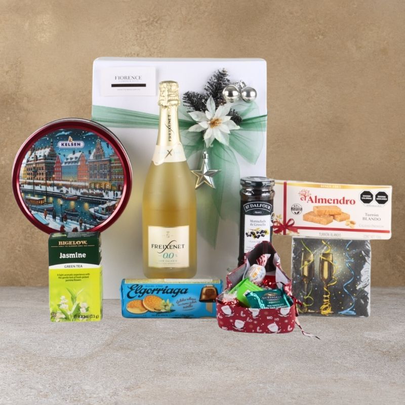 Premium Alcohol-Free Luxury Christmas Gift Box with White Freixenet, Biscuits, Tea and Gourmet Jam-1