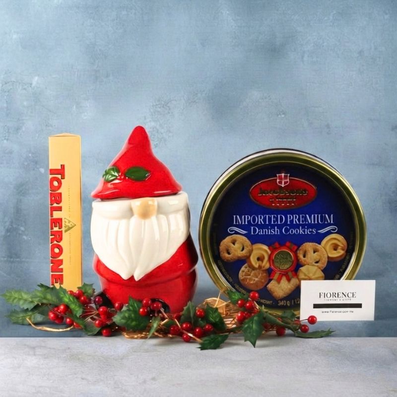Christmas Elf Ceramic Cookie Jar Gift with Cookies and Chocolate Bar-1