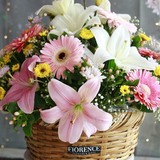 "Spring Melody" Floral Basket: Lilies, Gerberas & Daisies