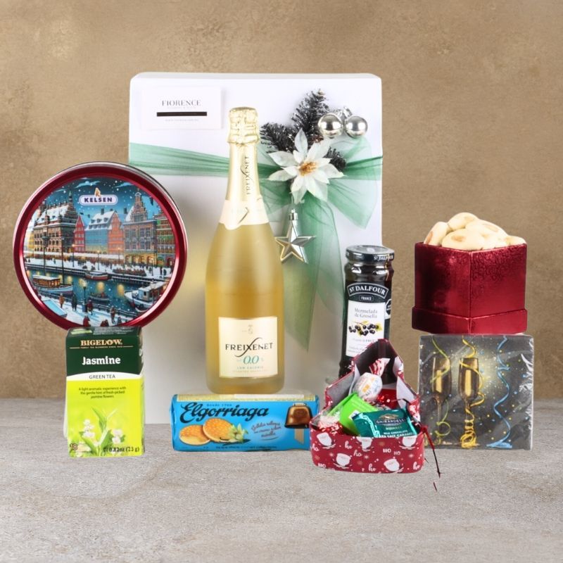 Premium Alcohol-Free Luxury Christmas Gift Box with White Freixenet, Biscuits, Tea and Gourmet Jam-2