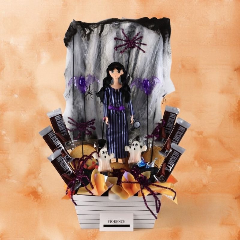 Halloween arrangement with Merlina doll, cookies and chocolates-1