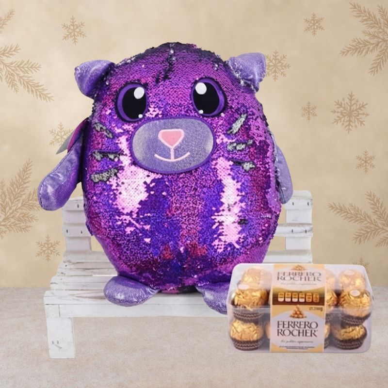 Plush Cat Toy with Reversible Sequins and Chocolates