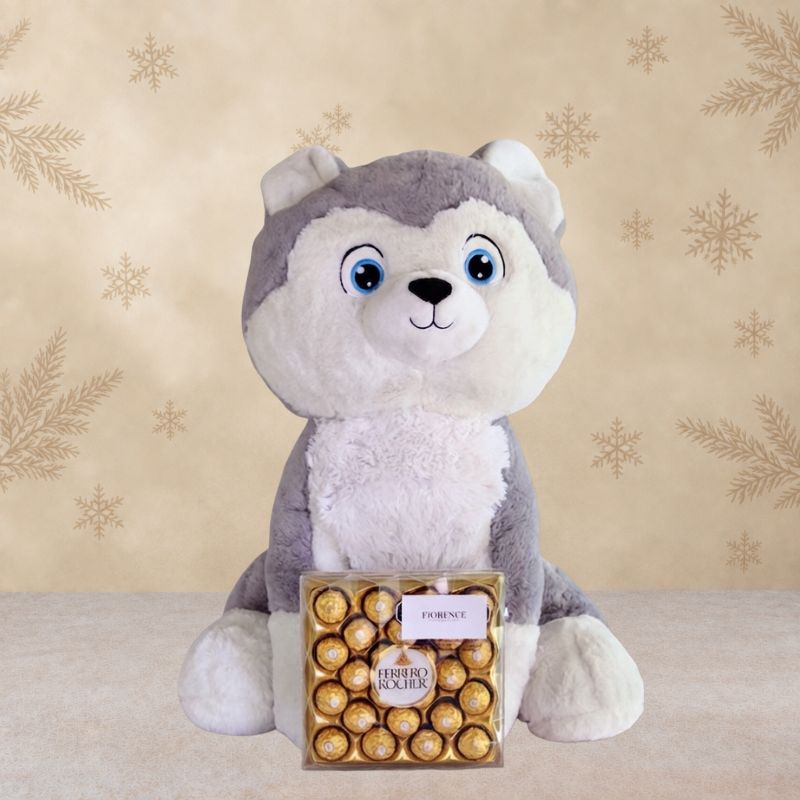 Cute Large Stuffed Husky Plush with Chocolates