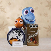 Nemo and Dory plush toys with chocolates and cookies