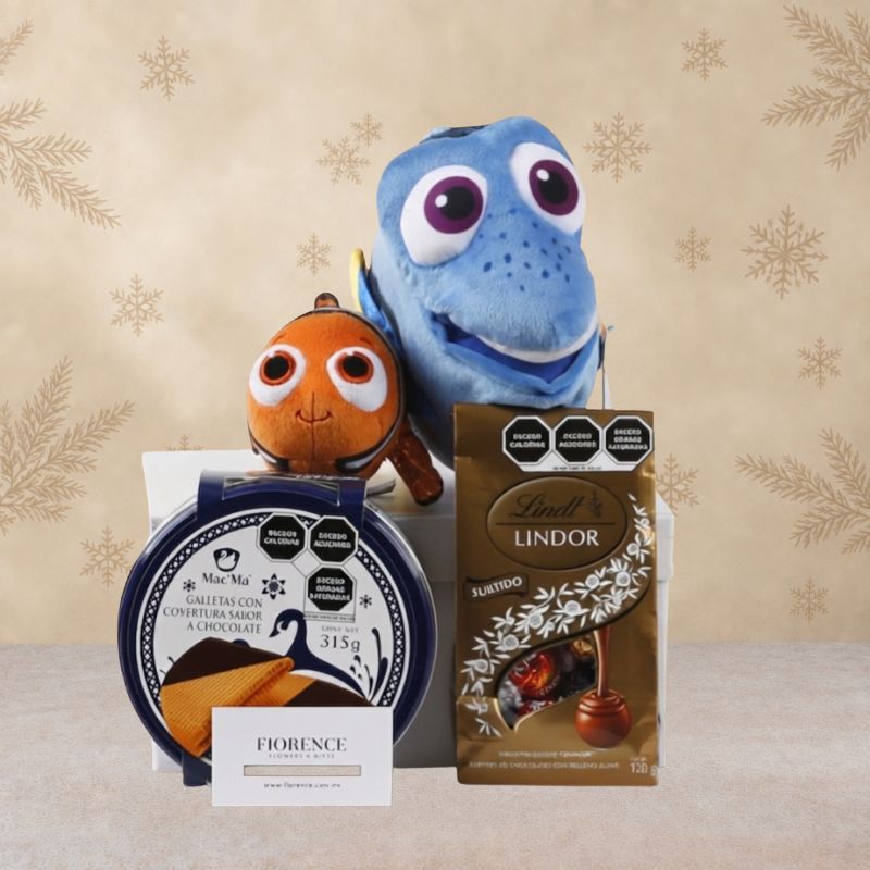 Nemo and Dory plush toys with chocolates and cookies