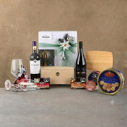 Christmas Gift Box with Red Wine Bottles and Gourmet Selection