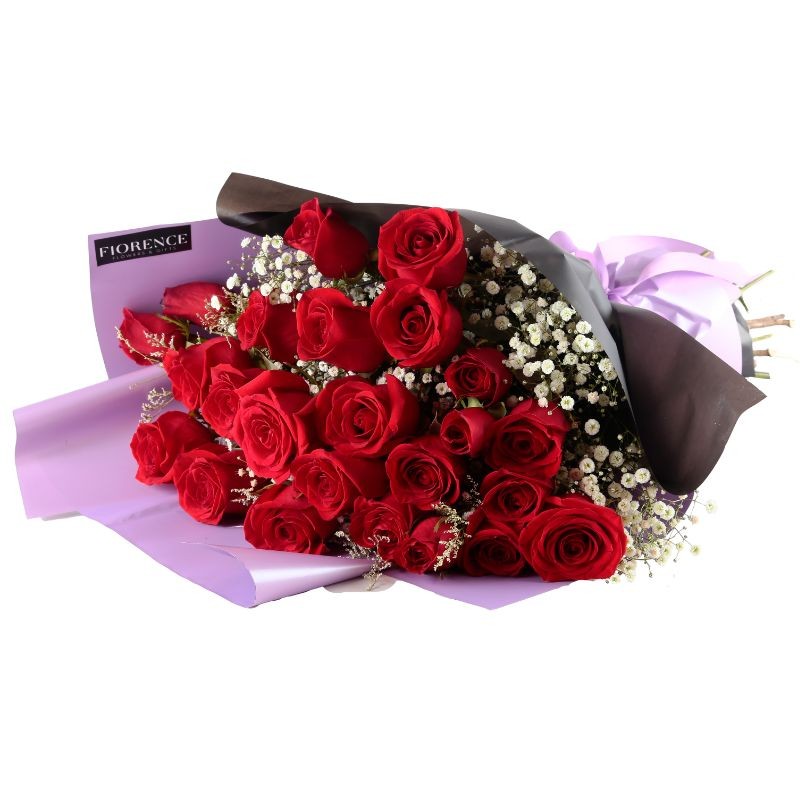 Two dozen Red Roses with Gypsophila