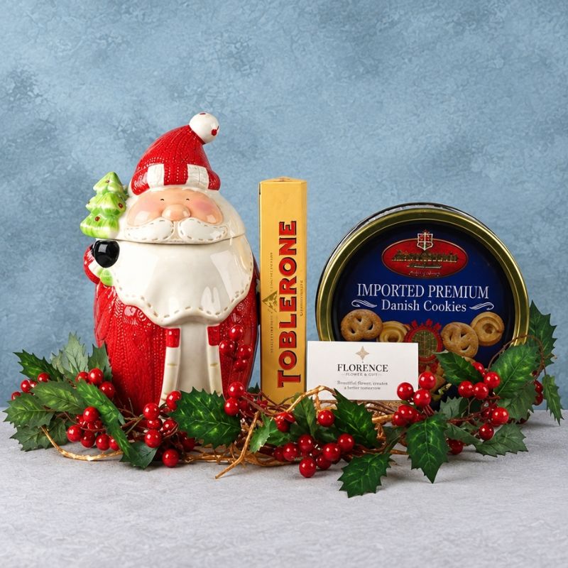 Ceramic Santa Claus Cookie Jar with Cookies and Chocolate