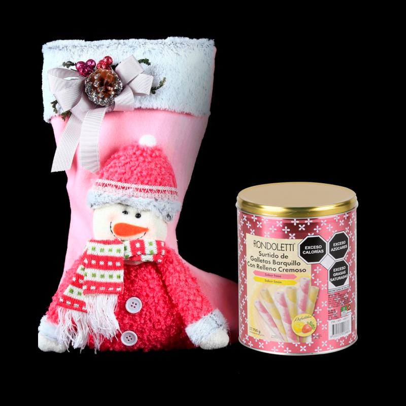 Lovely Pink Christmas stocking with a snowman and decorative bow accompanied by gourmet cookies.