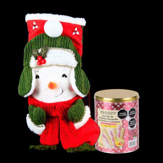 Christmas Stocking Gift with Snowman in Hat and Gourmet Cookies