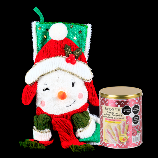 Charming Green Christmas Stocking with a cute snowman and delicious cream-filled cookies.