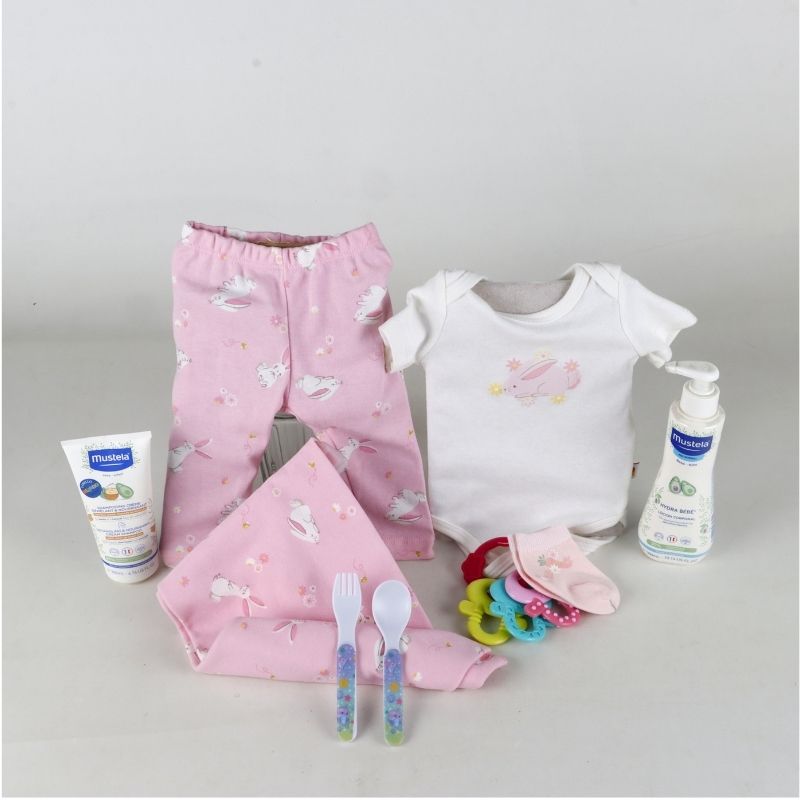 Gift for baby girl or boy featuring Mustela products, clothing, and accessories.-1
