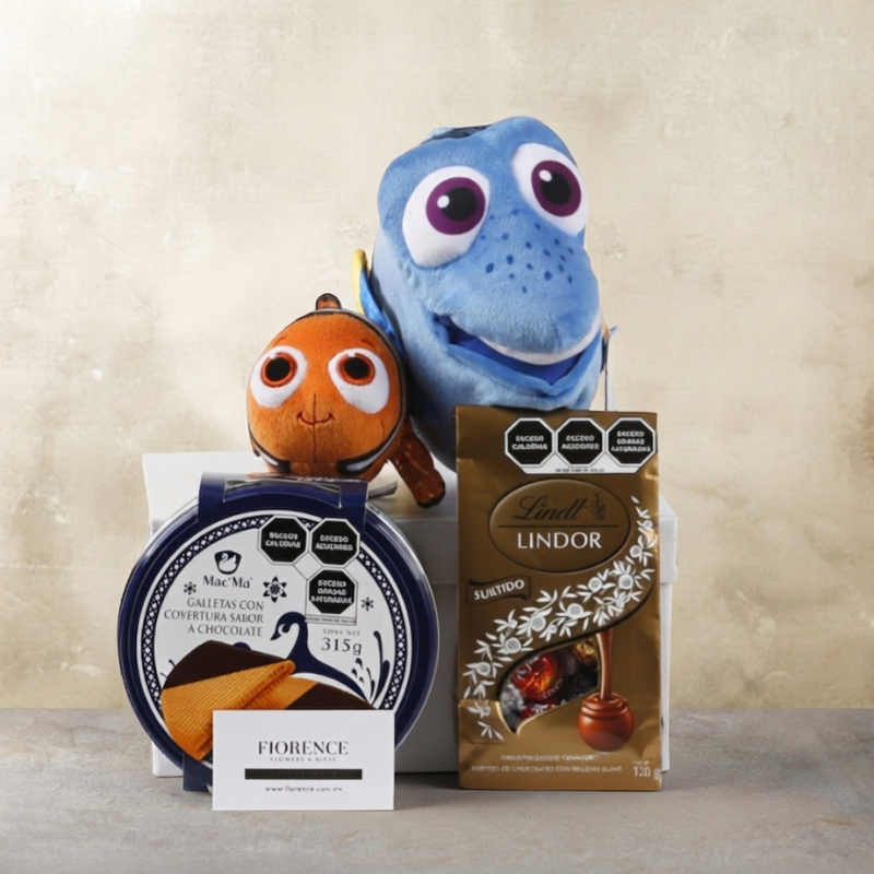 Nemo and Dory plush toys with chocolates and cookies