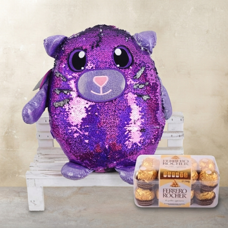 Plush Cat Toy with Reversible Sequins and Chocolates