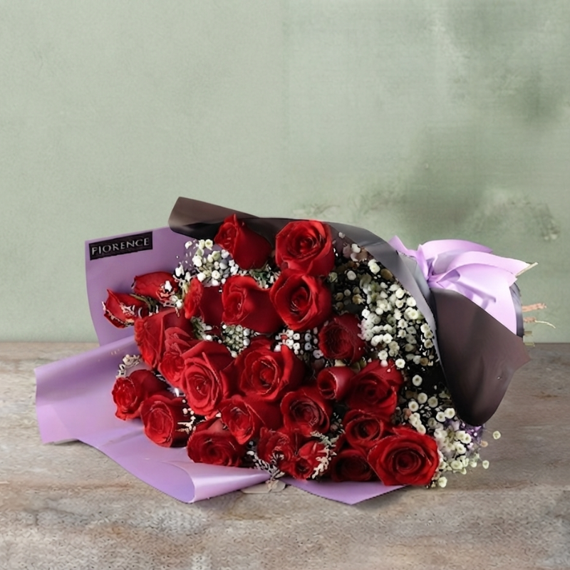 Two dozen Red Roses with Gypsophila