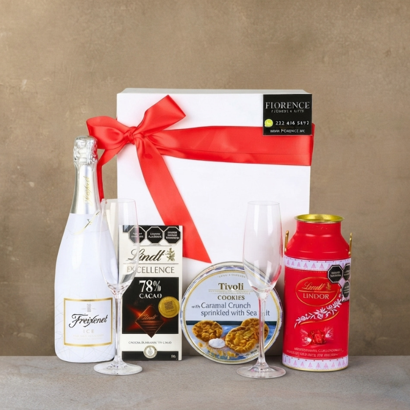 Gift with Sparkling White Wine and Chocolates