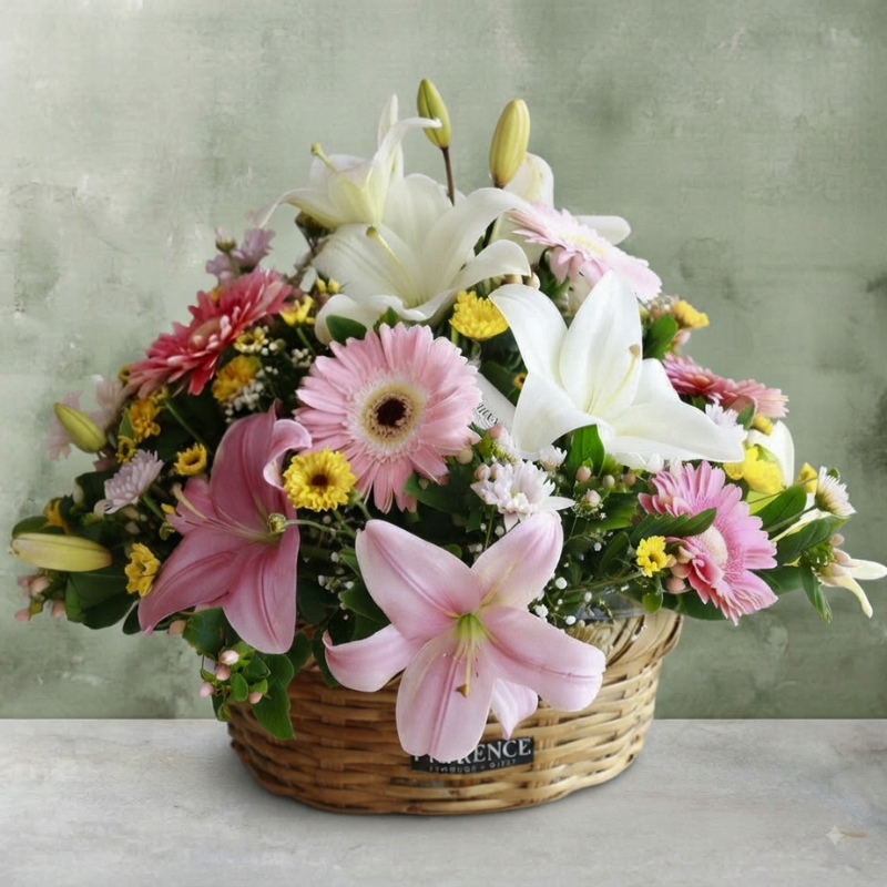 "Spring Melody" Floral Basket: Lilies, Gerberas & Daisies