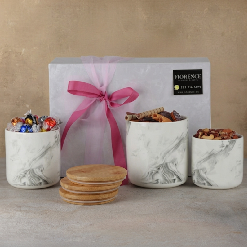 Gift for Her with Ceramic Containers and Gourmet Snacks