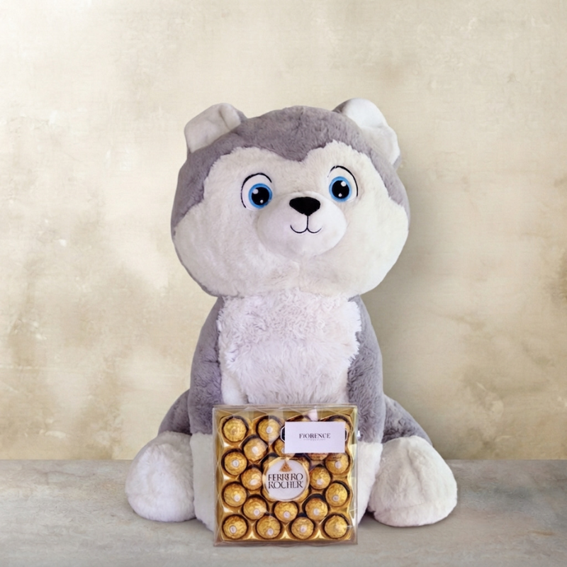 Cute Large Stuffed Husky Plush with Chocolates