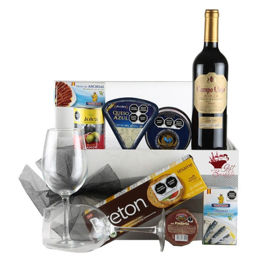 Gift with Red Wine and Variety of Gourmet Products - Giftbaskets México