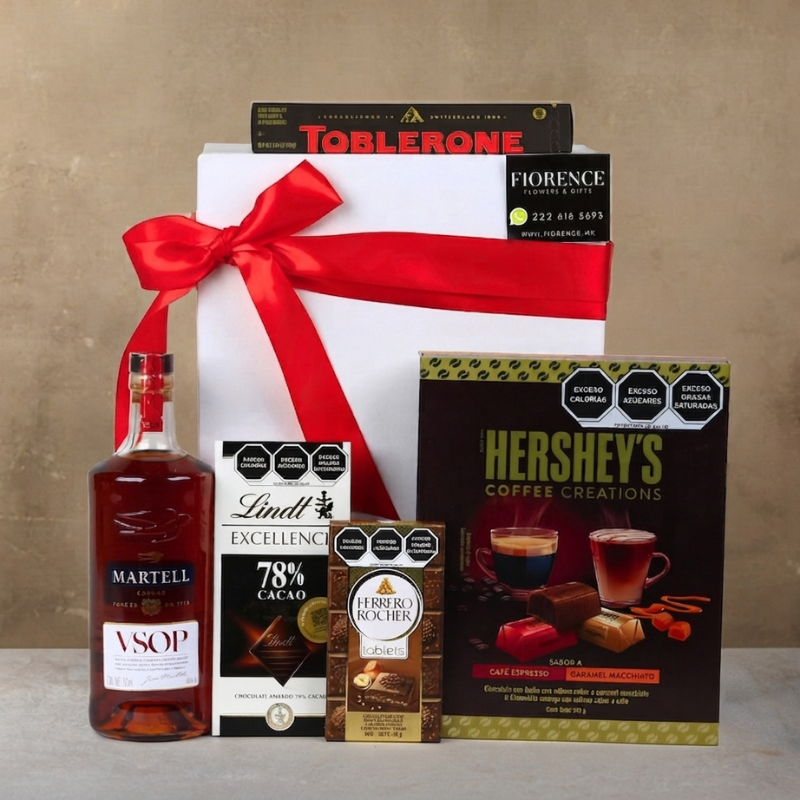 Grand French Cognac "Martell" in a Luxury Bottle with an Assortment of Chocolates