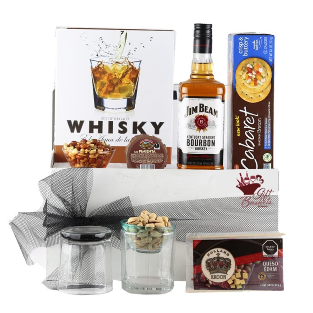 Special Jim Beam Whisky with Accessories Case, Cheese and Gourmet Snacks - Giftbaskets México