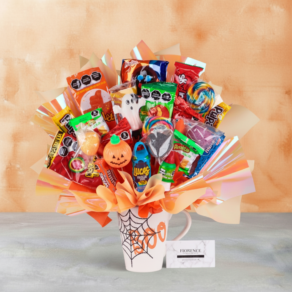 Halloween Candy Bouquet in "BOO" Spiderweb Mug-1