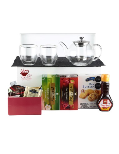 Deluxe Gift Box with Teapot with Infuser, Double Walled Glasses, Teas and More